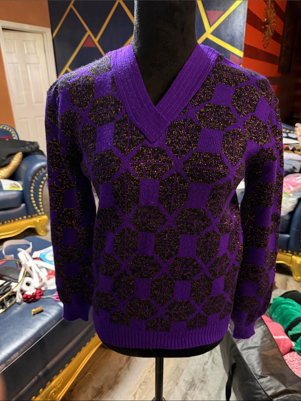 Vintage Purple Patterned V-Neck Sweater